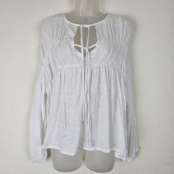 NWT Madison The Label White Linen Boho Peasant Blouse Tie Front Small - Picture 3 of 12